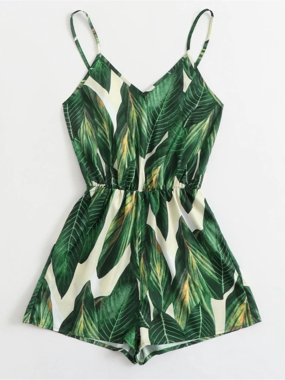 SHEIN Green Tropical Leaf Spaghetti Strap Romper